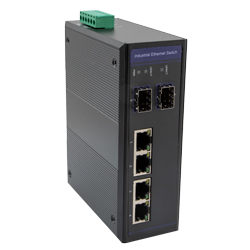 Picture of 6 Port Industrial Ethernet DIN Rail Switch, 8x RJ45 10/100TX PoE 802.3at 30W/port 120W Total Budget, 1x RJ45 10/100/1000TX, 1x SFP 1000FX
